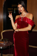 Load image into Gallery viewer, Tove Off Shoulder Velvet Maxi Dress - Red