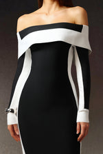 Charger l'image dans la visionneuse de la Galerie, Robe Midi Bandage Épaules Dénudées Manches Longues Rayures Mattey