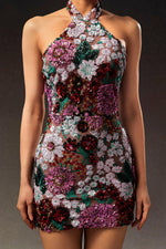 Load image into Gallery viewer, Polasa Halter Sleeveless Sequins Flower Mini Dress