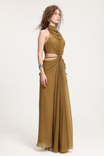 Charger l'image dans la visionneuse de la Galerie, High-Neck Braided Cut-Out Draped Chiffon Maxi Dress