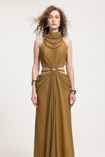Charger l'image dans la visionneuse de la Galerie, High-Neck Braided Cut-Out Draped Chiffon Maxi Dress