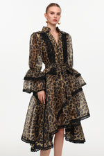 Load image into Gallery viewer, Uhren Resort Flowy V-Neck Long Sleeve Falbala Lace Woven Leopard Print Mini Dress