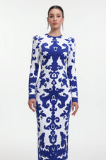 Lade Bild in die Galerieansicht, Round Neck Long Sleeve Jacquard Bandage Maxi Dress
