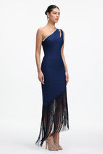 Load image into Gallery viewer, Fanya Elegant Contour One Shoulder Rhinestone Fringe Maxi Dress