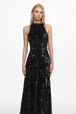 Lade Bild in die Galerieansicht, Glamorous Contour Sleeveless Feather Sequin High Slit Velvet Maxi Dress