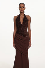 Load image into Gallery viewer, Theodora Chic Contour V Neck Halter Ruched Sequin Maxi Dress