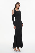 Charger l'image dans la visionneuse de la Galerie, Luysa Elegant Contour One Shoulder Ruched Knit Black Maxi Dress