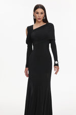 Charger l'image dans la visionneuse de la Galerie, Luysa Elegant Contour One Shoulder Ruched Knit Black Maxi Dress