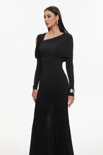 Charger l'image dans la visionneuse de la Galerie, Luysa Elegant Contour One Shoulder Ruched Knit Black Maxi Dress