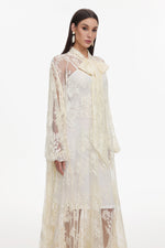 Lade Bild in die Galerieansicht, Deliyn Resort Flowy Long Sleeve Embroidered Mesh Lace Yellow Maxi Dress