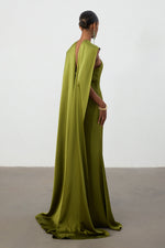 Lade Bild in die Galerieansicht, Olive Green Satin Cape Column Gown