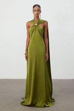 Lade Bild in die Galerieansicht, Olive Green Satin Cape Column Gown