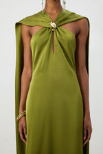 Lade Bild in die Galerieansicht, Olive Green Satin Cape Column Gown