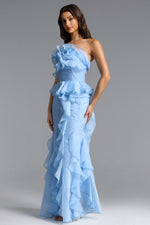 Load image into Gallery viewer, Deirdre Romantic Flowy Strapless Asymmetric Ruffle Floral Maxi Dress