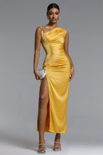 Load image into Gallery viewer, Marcella Chic Contour Asymmetrical Pleated Satin Maxi Dress