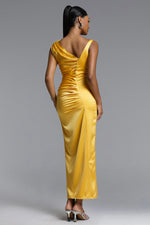 Load image into Gallery viewer, Marcella Chic Contour Asymmetrical Pleated Satin Maxi Dress