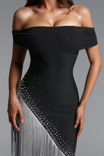 Load image into Gallery viewer, Tata Chic Contour Off Shoulder Fringe Bandage Maxi Dress