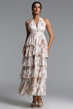 Load image into Gallery viewer, Silas Romantic Flowy Halter Deep V Tiered Ruffle Floral Print Maxi Dress