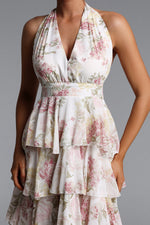 Load image into Gallery viewer, Silas Romantic Flowy Halter Deep V Tiered Ruffle Floral Print Maxi Dress