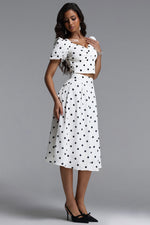 Load image into Gallery viewer, Islay Resort Flowy Puff Sleeve Polka Dot Ruched Woven Top and Skirt Two Piece Set