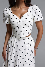 Load image into Gallery viewer, Islay Resort Flowy Puff Sleeve Polka Dot Ruched Woven Top and Skirt Two Piece Set
