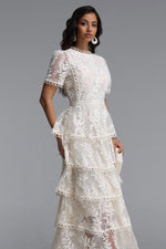 Load image into Gallery viewer, Yedda Resort Flowy Round Neck Short Sleeve Floral Embroidered Woven Maxi Dress