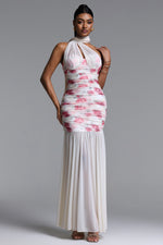 Load image into Gallery viewer, Margarete Romantic Contour Halter Ruched Floral Print Mesh Maxi Dress