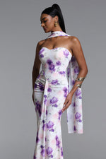 Load image into Gallery viewer, Olivia Romantic Contour Strapless Scarf Ruched Floral Print Mesh Maxi Dress