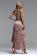 Load image into Gallery viewer, Taye Classic Contour Halter Fringe Bandage Pink Maxi Dress