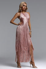 Load image into Gallery viewer, Taye Classic Contour Halter Fringe Bandage Pink Maxi Dress