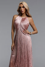 Load image into Gallery viewer, Taye Classic Contour Halter Fringe Bandage Pink Maxi Dress