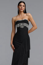 Load image into Gallery viewer, Ella Dynamic Contour Strapless Floral Leaf Rhinestone Asymmetric Mesh Bandage Midi Dress