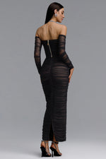 Load image into Gallery viewer, Unica Slim Fit Off Shoulder Long Sleeve Mesh Heart Rhinestone Ruched Bandage Top and Skirt Set