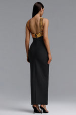 Load image into Gallery viewer, Riza Chic Contour Halter Rhinestone Bandage Gold Maxi Dress