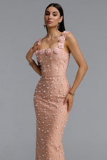 Load image into Gallery viewer, Shea Elegant Contour Square Neck Floral Pearl Bandage Beige Maxi Dress