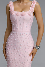 Load image into Gallery viewer, Shea Elegant Contour Square Neck Floral Pearl Bandage Pink Maxi Dress