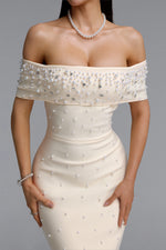 Load image into Gallery viewer, Isme Elegant Contour Off Shoulder Pearl Rhinestone Bandage Light Beige Maxi Dress