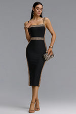 Lade Bild in die Galerieansicht, Lestie Minimalist Contour Straight Neck Gold Woven Bandage Midi Dress
