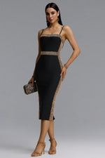Lade Bild in die Galerieansicht, Lestie Minimalist Contour Straight Neck Gold Woven Bandage Midi Dress