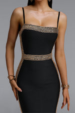 Lade Bild in die Galerieansicht, Lestie Minimalist Contour Straight Neck Gold Woven Bandage Midi Dress