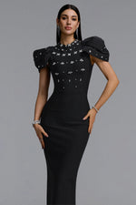 Load image into Gallery viewer, Vazada Elegant Contour High Neck Bow Puff Sleeve Bandage Black Maxi Dress