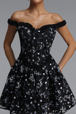Load image into Gallery viewer, Tafari Romantic Tailored Off Shoulder Floral Woven Mini Dress