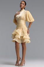 Lade Bild in die Galerieansicht, Fagra Resort Flowy Puff Sleeve Ruffle Shimmer Satin Mini Dress