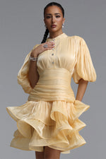 Lade Bild in die Galerieansicht, Fagra Resort Flowy Puff Sleeve Ruffle Shimmer Satin Mini Dress