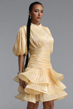 Lade Bild in die Galerieansicht, Fagra Resort Flowy Puff Sleeve Ruffle Shimmer Satin Mini Dress