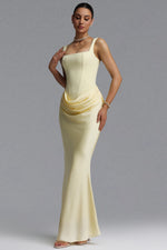 Load image into Gallery viewer, Winey Elegant Waist-Cinching Square Neck Thin Strap Boned Fitted Draped Ruched Satin Mermaid Maxi Evening Dress