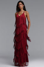Lade Bild in die Galerieansicht, Alex Classic Contour V Neck Layered Fringe Bandage Red Maxi Dress