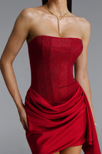 Load image into Gallery viewer, Janiyah Vintage Contour Strapless Crystal Ruched Sash Red Mini Dress