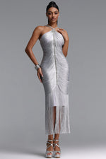 Load image into Gallery viewer, Mamie Elegant Fitted Rhinestone Tassel Maxi Bandage Dress