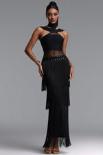 Load image into Gallery viewer, Rakel Stylish Fitted Halter Sheer Fringe Long Bandage Dress